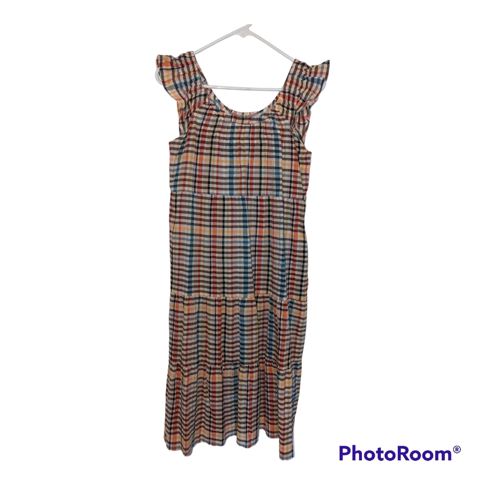 LOFT XS Petite plaid tiered flutter sleeve dress